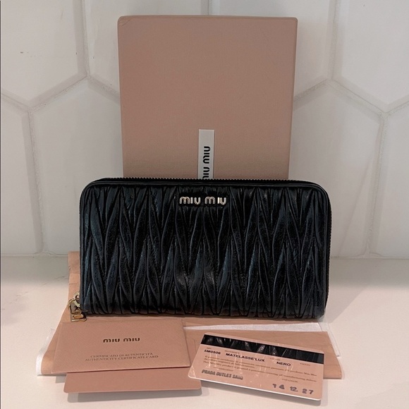 Miu Miu Handbags - Miu Miu Black Quilted Matelassé Leather Long Zip Wallet Black Excellent